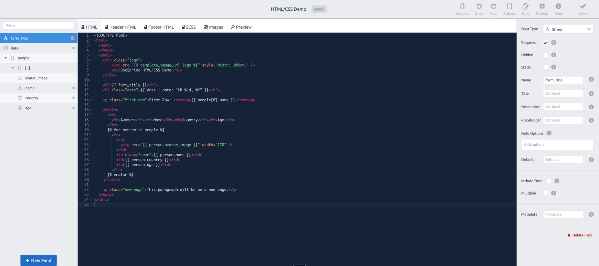 The DocSpring HTML template editor with a Liquid template